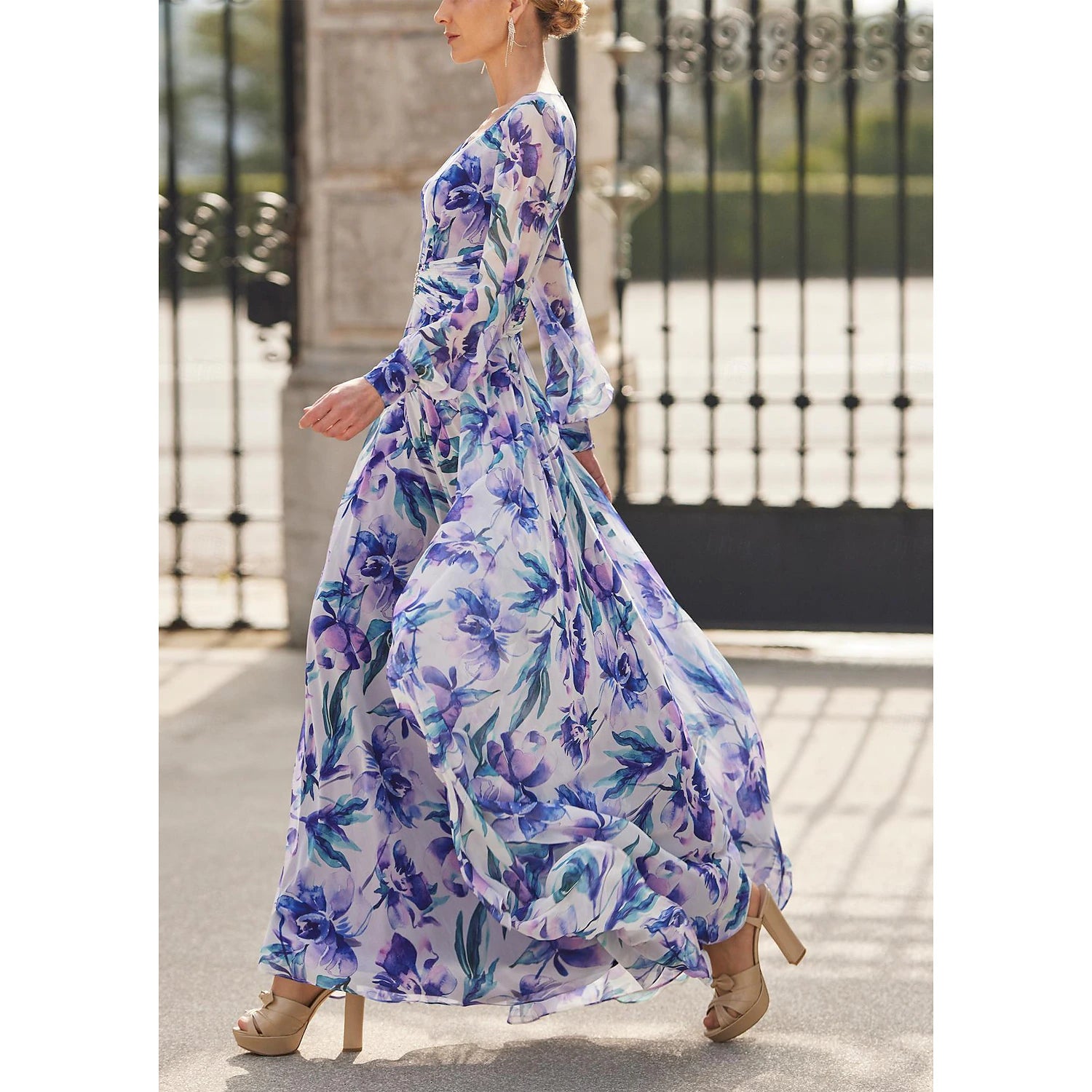 Buyishang A-Line Mother of the Bride Dress Formal Wedding Guest Elegant Vintage V Neck Ankle Length Chiffon Polyester Long Sleeve with Ruched Flower free custom size